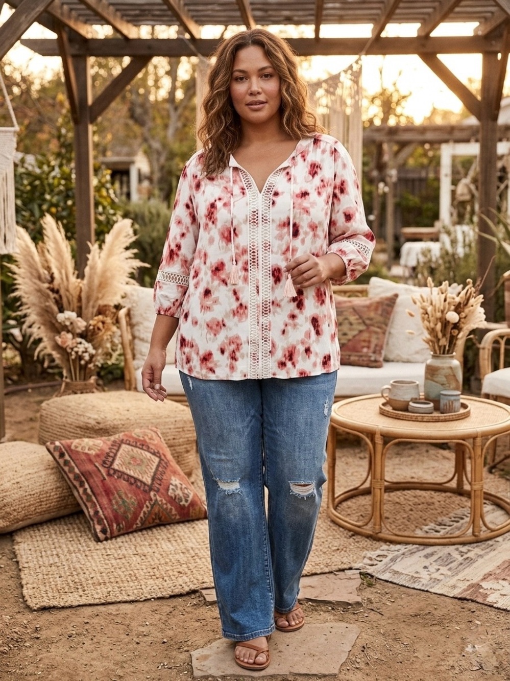 Fred David Plus Size 3X Floral Boho Blouse Crochet Lace Split Neck 3/4 Sleeve GU